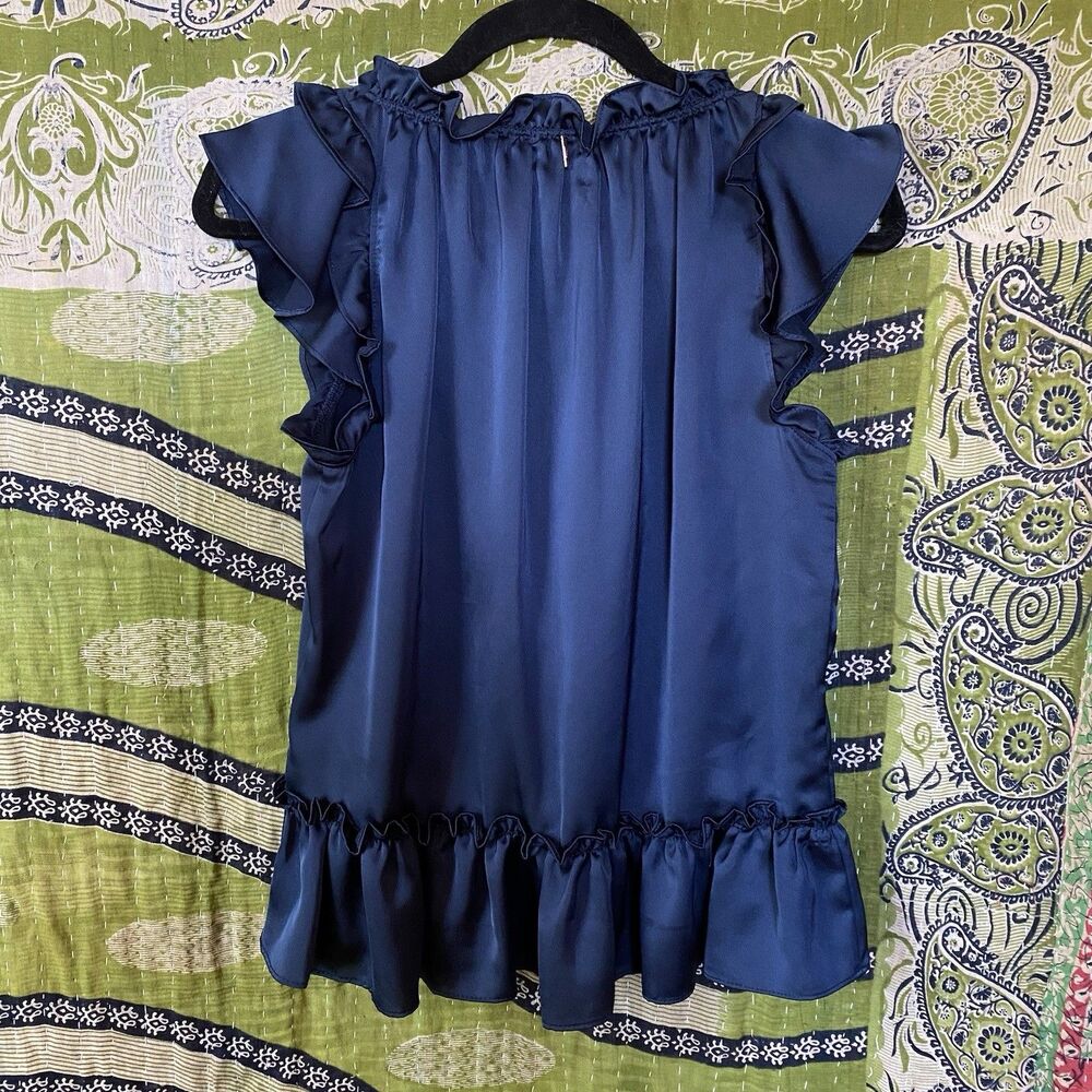 NWOT Misa Blue Fleur Pom Pom Sleeveless V-Neck Satin Blouse Size Extra Small - Picture 10 of 15